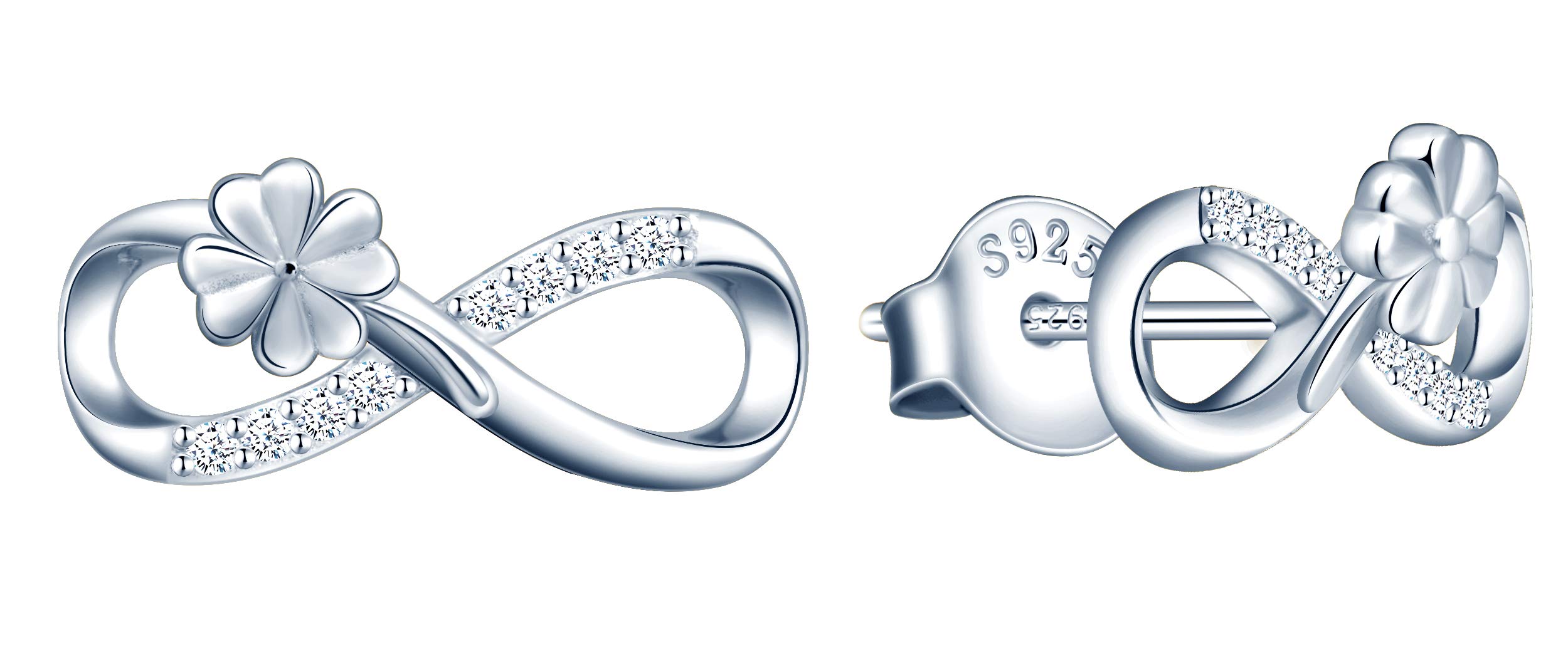 INFINIONLY Women's girl's Earrings Studs, 925 sterling silver Jewellery Sets, Lucky clover infinity symbol earrings studs, silver, Inlaid zircon, necklace earrings bracelet jewelry-sets