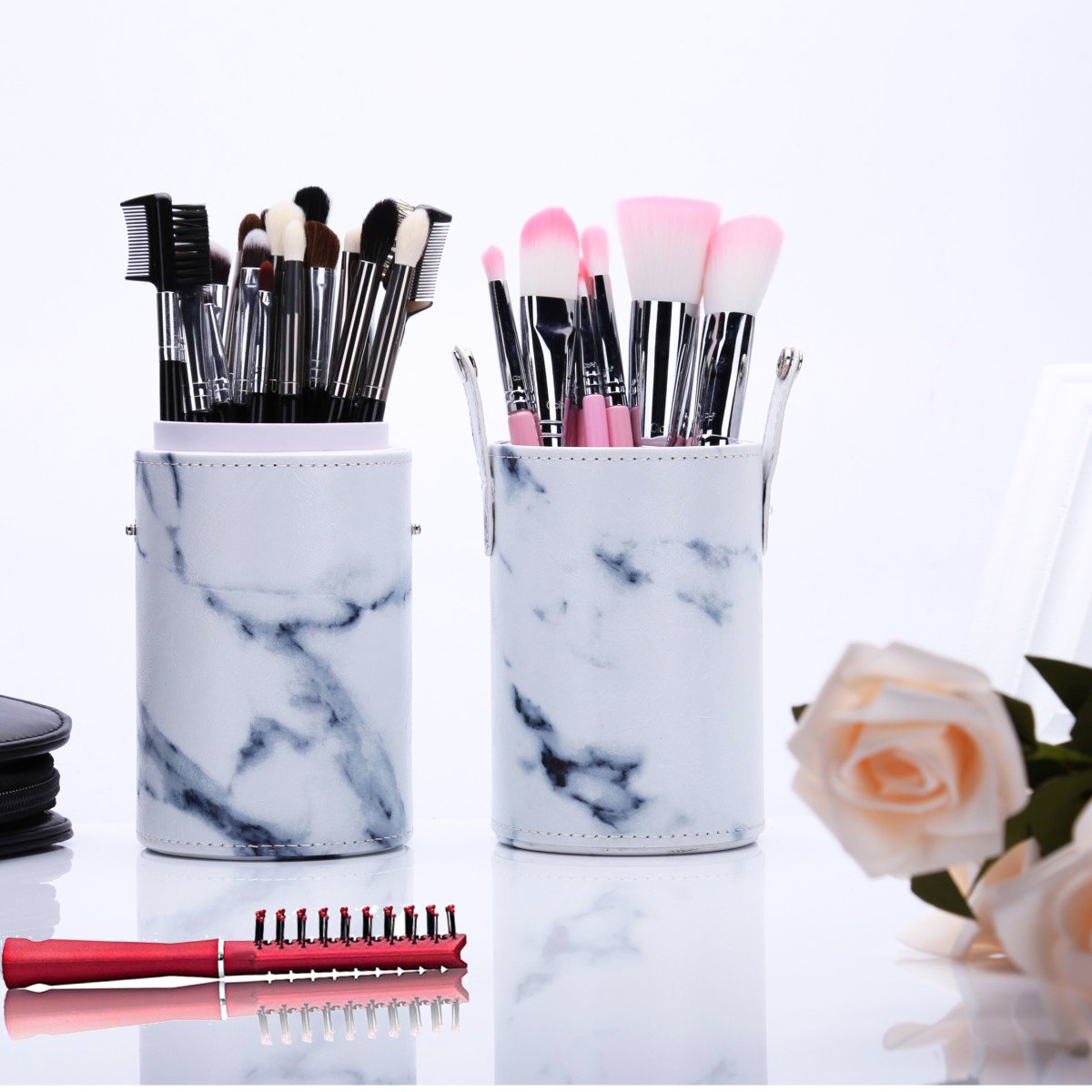 Makeup Brushes Holder Large Capacity Traveling Marble Make Up Brush Case Organizer Cosmetic Cup Cylinder Storage Box Bag Vegan Pu Leather Round(white) : Beauty
