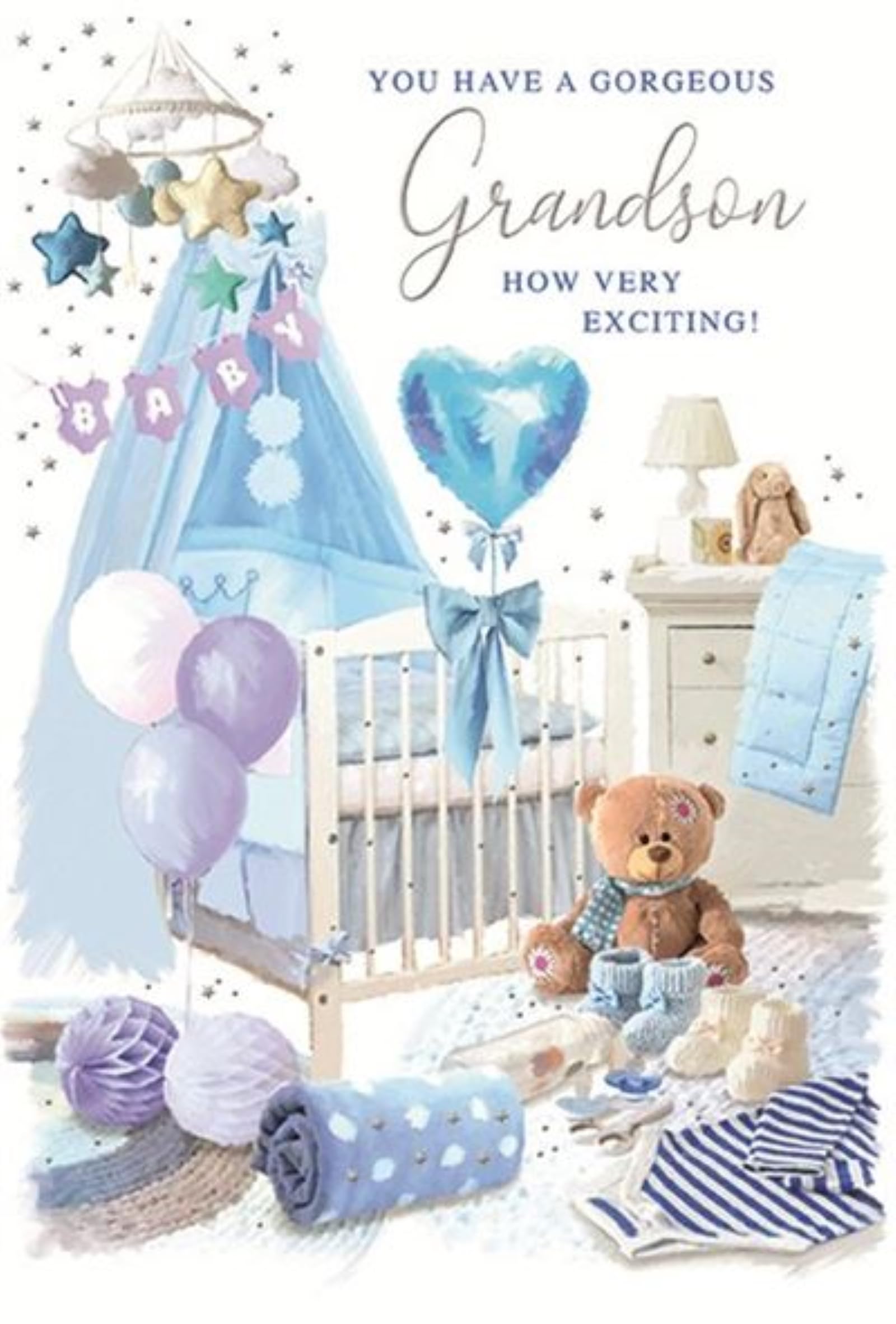 Birth of New Baby Grandson Card - Blue White Nursery with Silver Foil 7.75x5.25