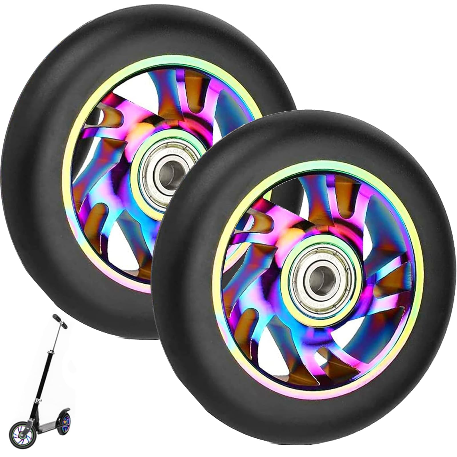 2 Pcs 100mm Scooter Wheels with ABEC 9 Bearings Fit for Razor/Apollo/Cox Swain Stunt Scooters Alloy Series Pro Stunt Scooter Wheel Replacement PVC Roller Wheels Colorful Pu Wheel