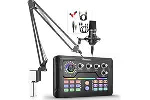 Hayner-Seek Podcast Equipment Bundle, Audio Interface with DJ Mixer and Condenser Microphone for PC/Laptop/Phone, Streaming/Recording/Podcasting