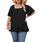 Angelips Womens Plus Size Tops Dressy Casual Blouses Square Neck Ruffle Hem Tunic Summer Going Out Shirts Short Sleeve 2025