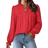 LOOKBOHO Women's Work Blouses Dressy Casual Button Down Long Puff Sleeve Elegant Retro Pleated Office Shirts Tunic Tops