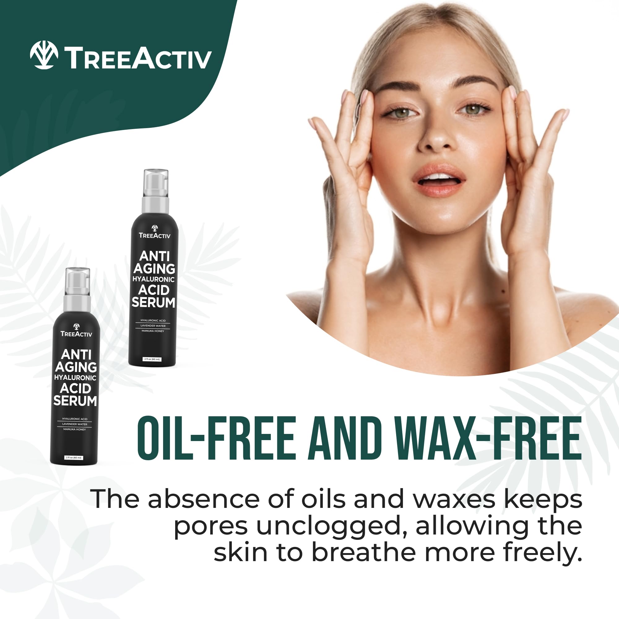 Anti-Aging Hyaluronic Acid Serum for Face 2 oz, Hydrating Wrinkle Repair for Skin Care, Pure Hyaluronic Acid Face Serum for Women, Oil-Free Anti-Aging for Advanced Skin Repair TreeActiv