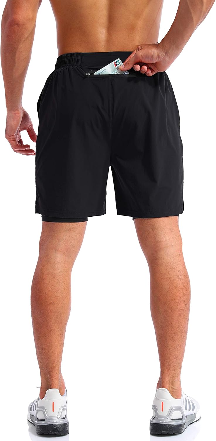 Pudolla Men’s 2 in 1 Running Shorts 7" Quick Dry Gym Athletic Workout Shorts for Men with Phone Pockets: Clothing