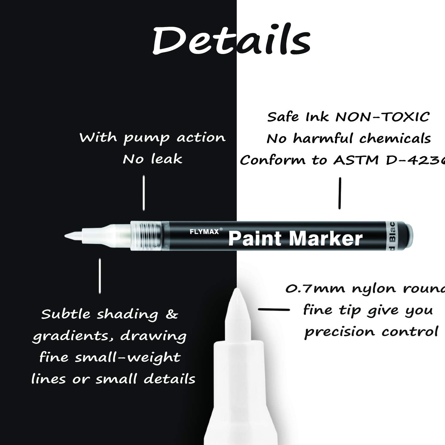 FLYMAX Black Paint Pen for Glass Bottle Rock Leather Plastic Stone Metal Canvas Enamel Plant Art Waterproof Writing Acrylic Permanent Marker Extra Fine tip 6 Pack 0.7mm - Image 4