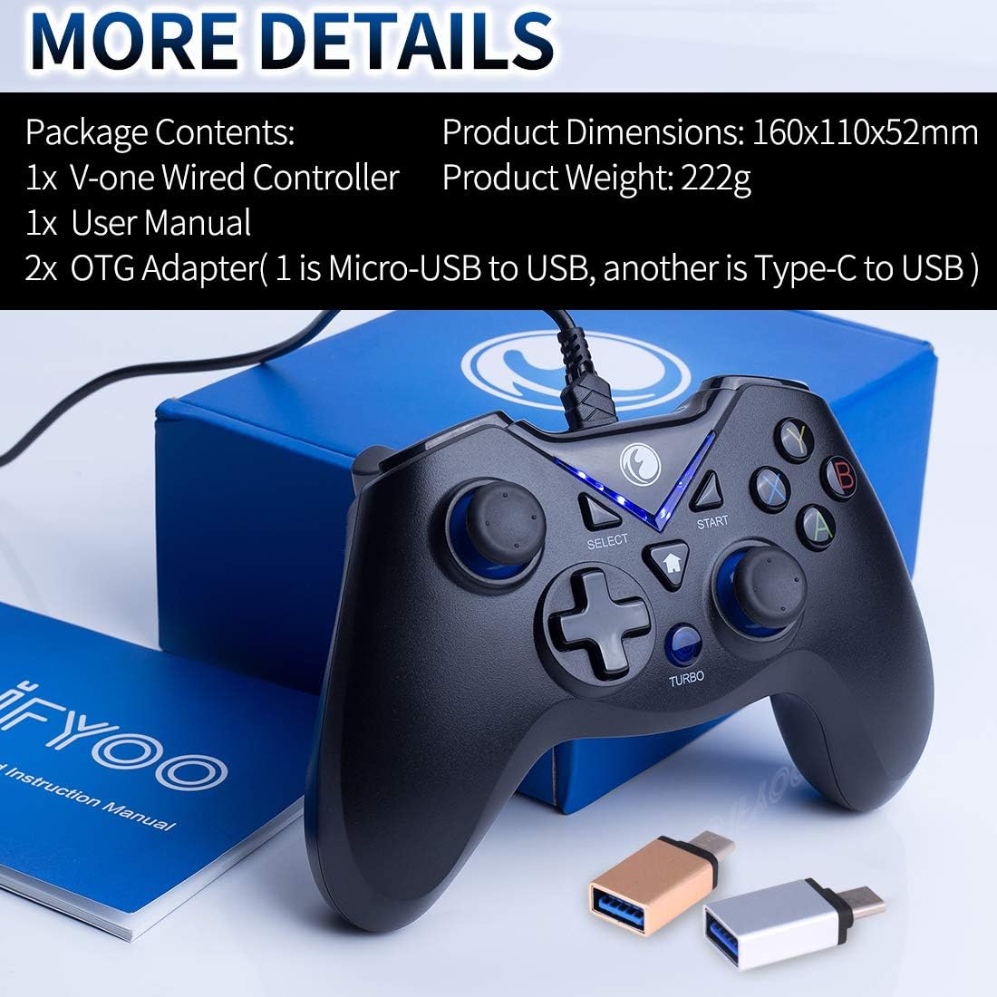 IFYOO V-one Wired USB Gaming Controller Gamepad Joystick for PC Laptop Computer (Windows XP/7/8/10) & Steam & Android & PS3 - [Blue,OTG]: Electronics