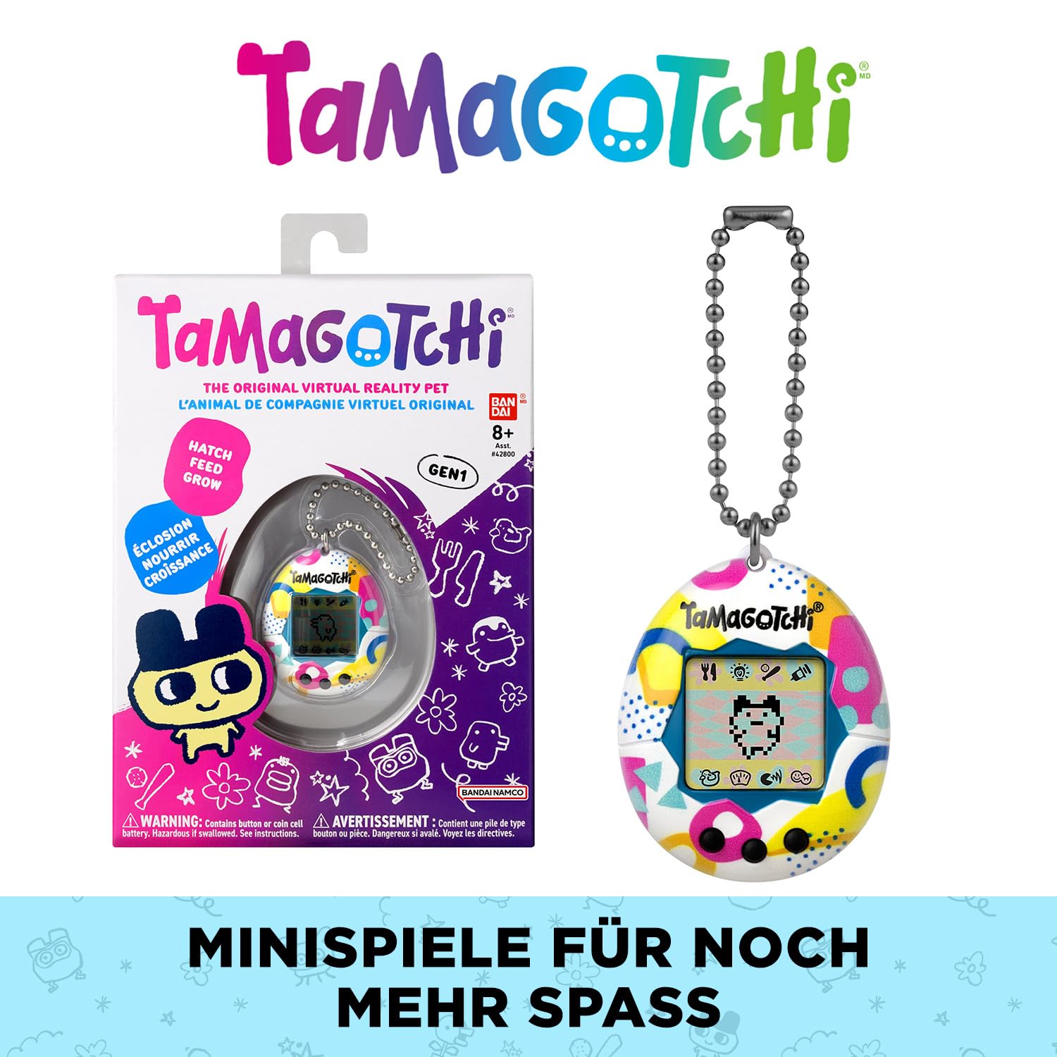 Bandai - Tamagotchi - Original Tamagotchi - Memphis Style - Elektronisches virtuelles Tier mit Farbdisplay, 3 Tasten und Spielen - Interaktives Tier auf Deutsch - Kinderspielzeug ab 8 Jahren - 42957 5