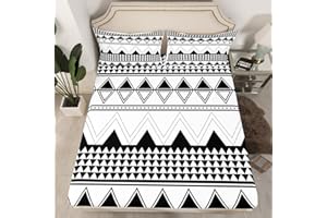 EROSEBRIDAL Boho Aztec Fitted Bed Sheets Twin Size Black and White Bedding Decor Set Morden Geometric Triangle Lattice Fitted Sheet Minimalism Room Decor Bed Sheet Fitted Sheet for Kids Boys Girls Teens