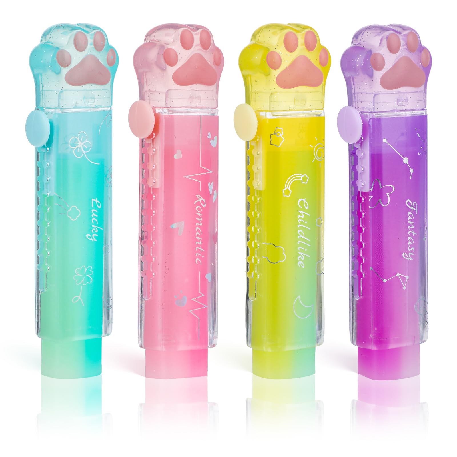 cobee Pen Erasers, 4 Pcs Cute Cat Paw Erasers, Sliding Retractable Eraser Gradient Colorful Rubber Push-Pull Erase Pen-Style Pencil Eraser for Writing Drawing Office School Supplies
