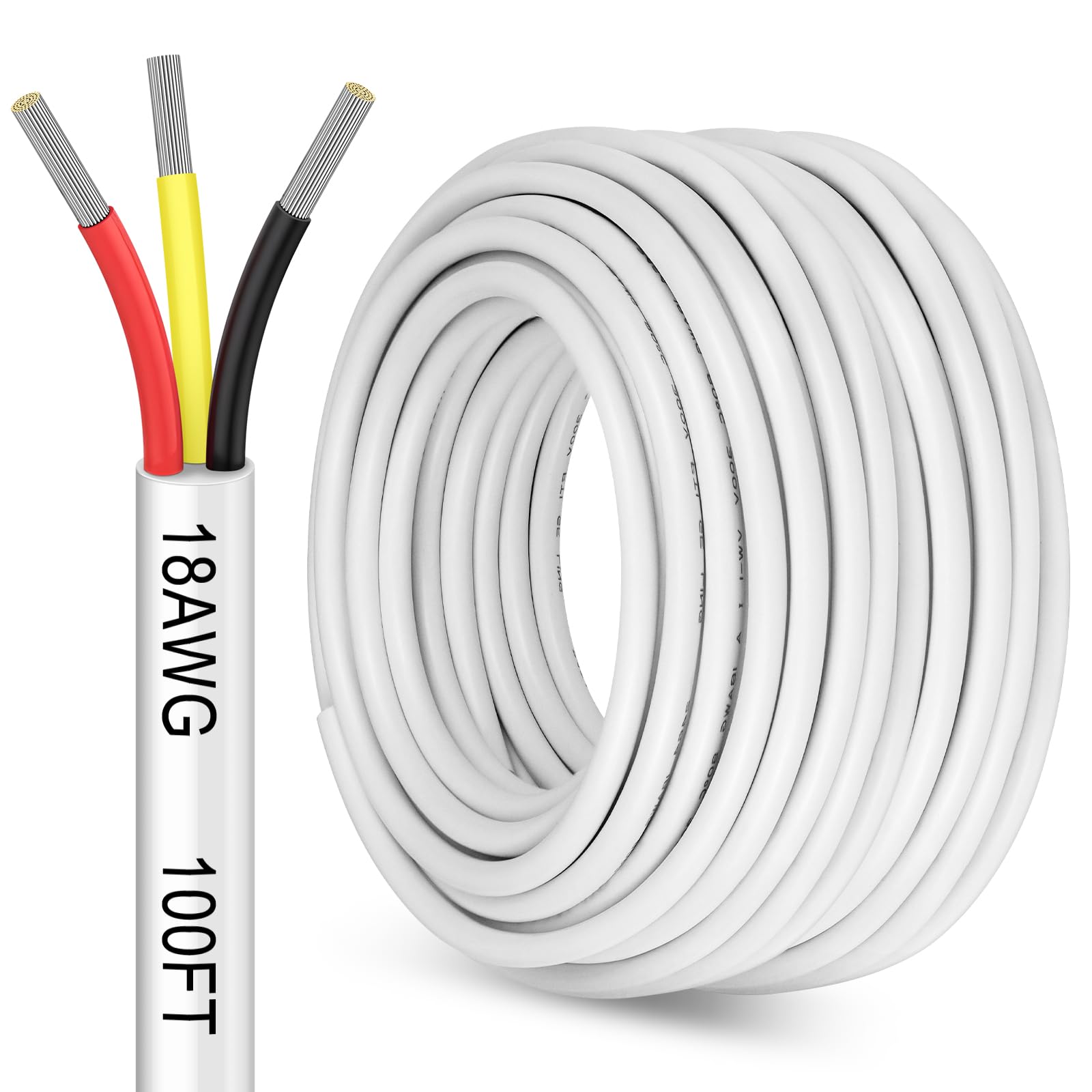 Photo 1 of 100FT 18 Gauge 3 Conductor Electrical Wire,18/3 Low Voltage Landscape Wire, 18 AWG Stranded Tinned Copper 3 Wire Cable for LED Lighting Strips Automotive Marine, White