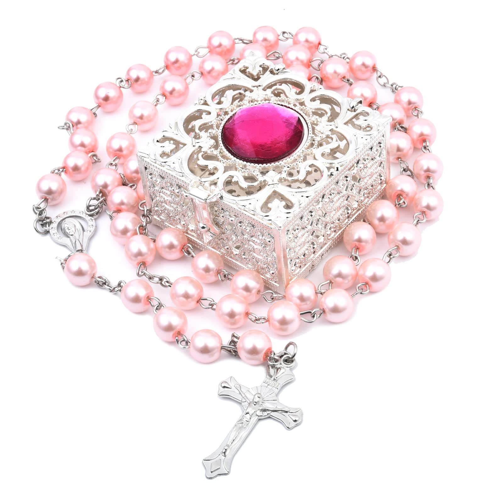 FLAFARY First Communion Rosary Set for Girls and Boys, Catholic Beads for Men, Women and Kids in Holy Cup Metal Gift Box, Necklace for Mother, Grandmother