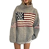 TACSTRUN Women's Oversized American Flag Sweater Long Sleeve Turtleneck Knit USA Sweaters Fall Chunky Warm Pullover Tops