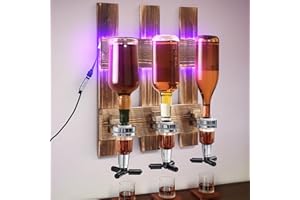 Geelin 3-bottle Wall Mounted Liquor Dispenser LED Lighted Whiskey Dispenser, Wooden Wall Shelf Whiskey Cocktail Shot Measure Bracket Glass Drink Shelf for Home Bar Gift