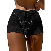 ZAFUL Women's Hollow Out Drawstring Waist Bikini Cover Up Shorts Tie Front Crochet Beachwear Bottom