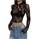 SweatyRocks Women's Sheer Mesh Floral Lace Long Sleeve Sexy Tops See Through Cheongsam Going Out Shirts
