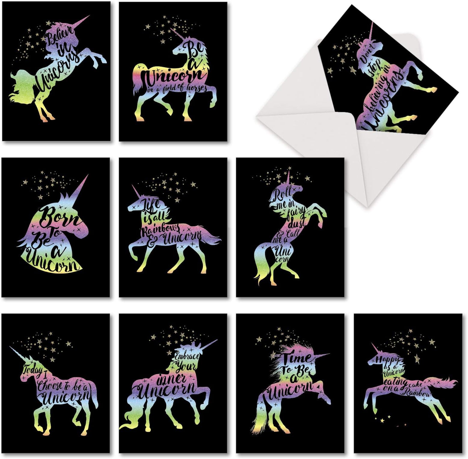 The Best Card Company - 10 Blank Note Cards for Kids (4 x 5.12 Inch) - Assorted Mythical, Fantasy Greeting Cards - Horns and Unicorns AM6826OCB-B1x10
