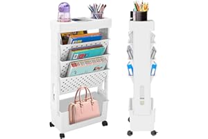 Rolling Bookshelf Cart, 5 Tier Multi-Functional Movable Book Cart, Mobile Bookshelf on Wheels with Pen Holder for Office, Dor