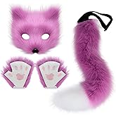 Faux Fur Cat Fox Mask Tail and Paw Set, Wolf Furry Suit Plush Therian Accessories Kit