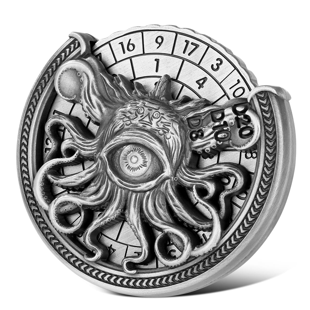 DND Wheel Spinner, 7-in-1 Cyclops Octopus Metal Dice With Dragon Logo Gift Box - Fingertip Gyro Roulette for Role Playing Board Game Accessories, Silver