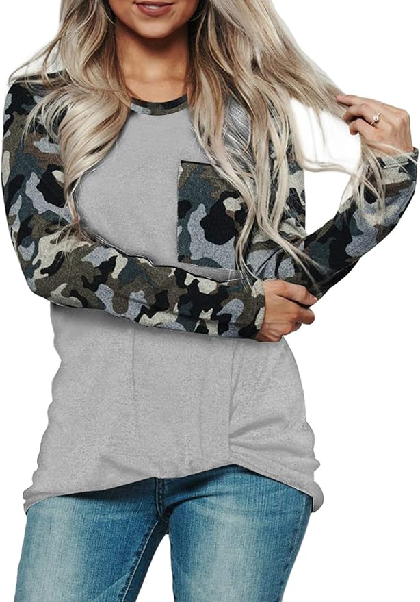 Women's Camo Contrast Long Sleeve Top with Pocket Color Block Striped