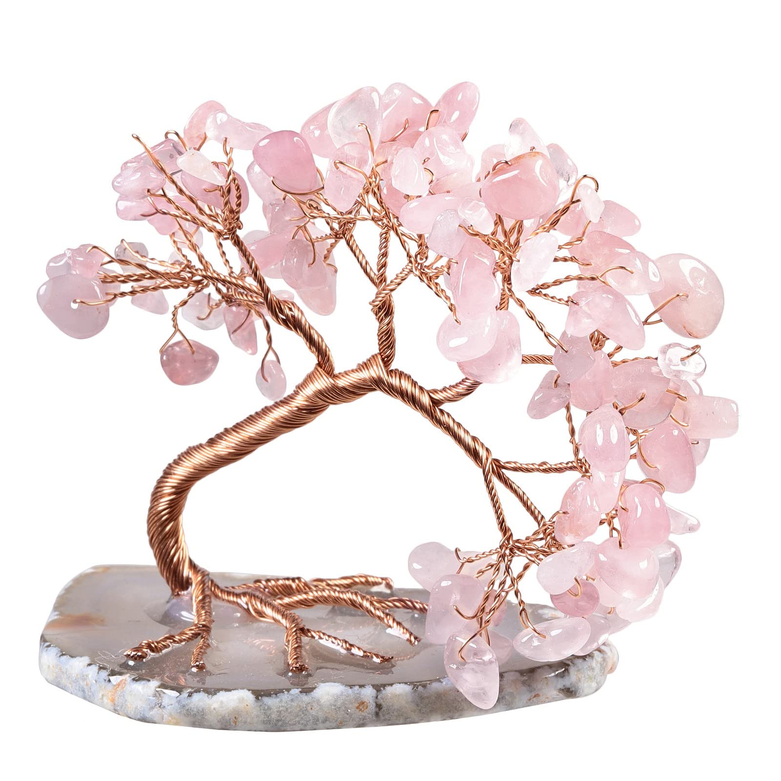 KYEYGWO Rose Quartz Crystal Money Tree FengShui Bonsai Figurines with Agate Slices Base, Crystal Tree Home Office Ornament for Good Luck and Wealth, 3-4 inches Tall
