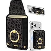Shorogyt Compatible with Magsafe Wallet with Ring Grip Magnetic Card Holder - Cute Phone Wallets with Stand for iPhone 17/16/15/14/13/12 Series for Women Girls Black Leopard Design, Fit 7 Cards