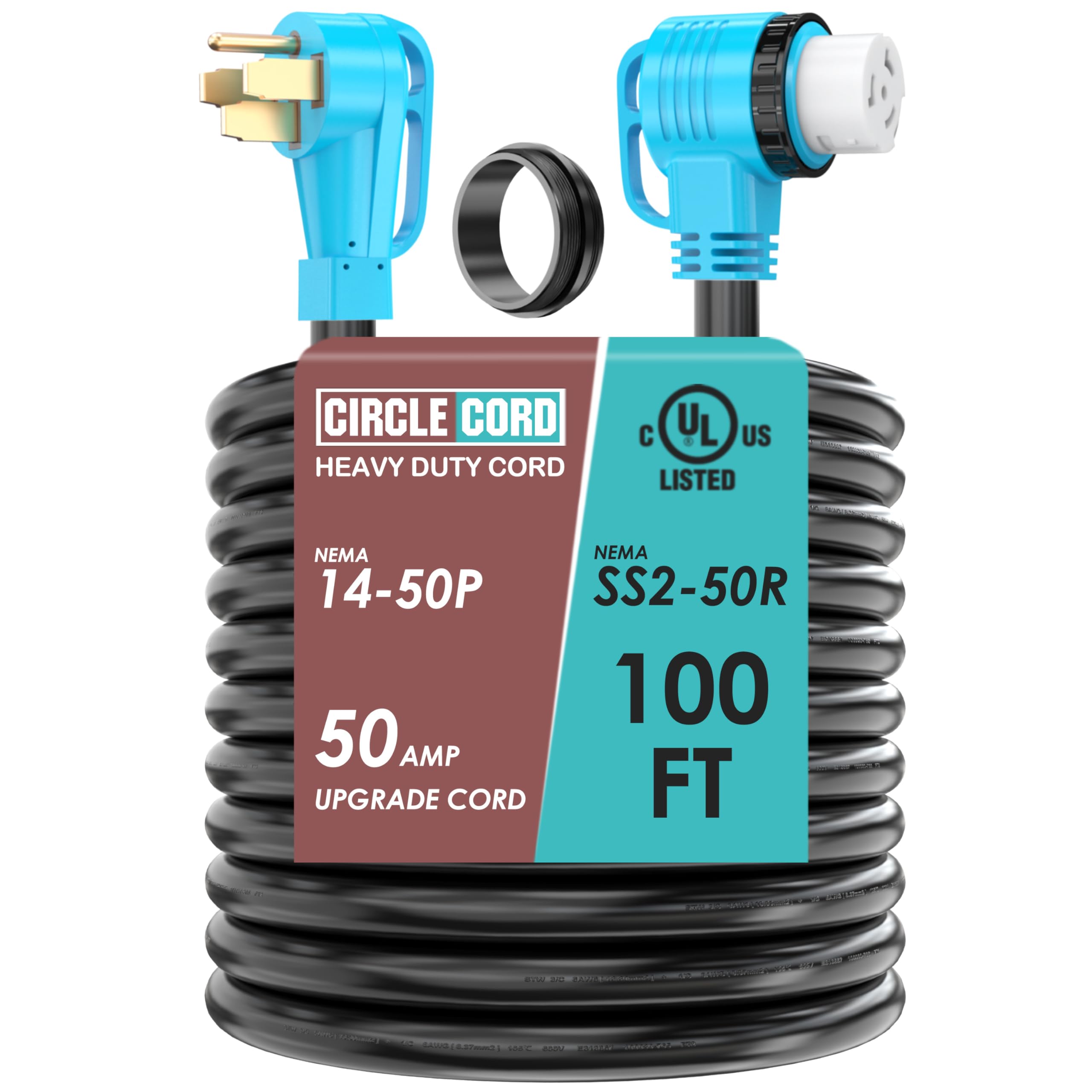 Photo 1 of CircleCord UL Listed 50 Amp 100 Feet RV/Generator Cord with 90° Right Angle Locking Connector, Heavy Duty 6/3+8/1 Gauge STW Wire, 14-50P Male and SS2-50R Female for RV Camper and Generator to House