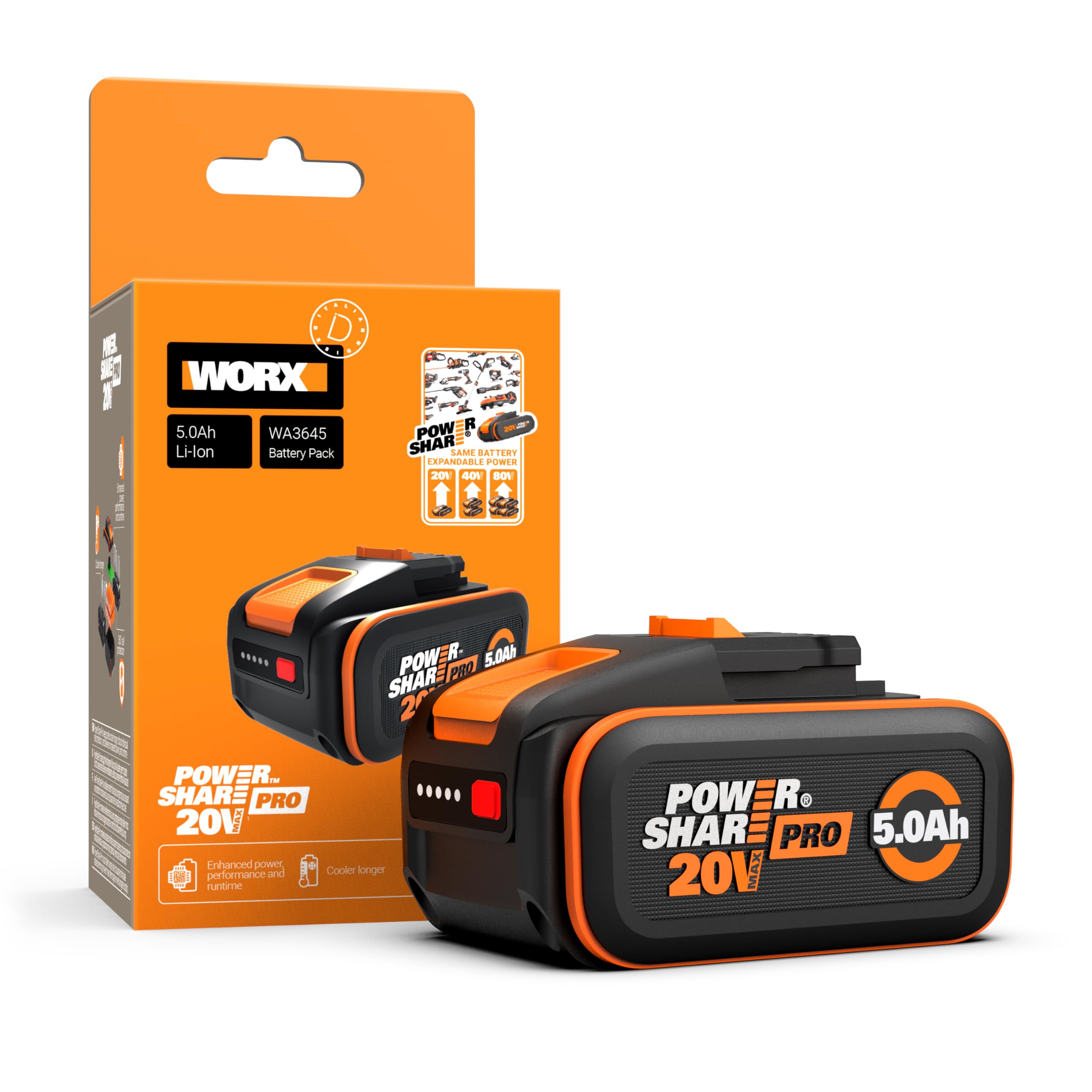 WORX WA3645 Original PowerShare Pro Akku 20V - 5,0 Ah Li-Ion, wiederaufladbar - mehr Sicherheit & längere Laufzeit - mit LED-Anzeige - Innovative Heatshield-Technologie - passend für alle WORX Geräte