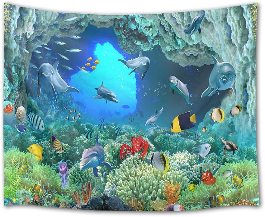 HVEST Dolphin Tapestry Tropical Fish and Coral Reef in Cave Under Deep Sea Wall Hanging Ocean Tapestries for Kids Bedroom Living Room Dorm Birthday Party Wall Decor,60Wx40H inches
