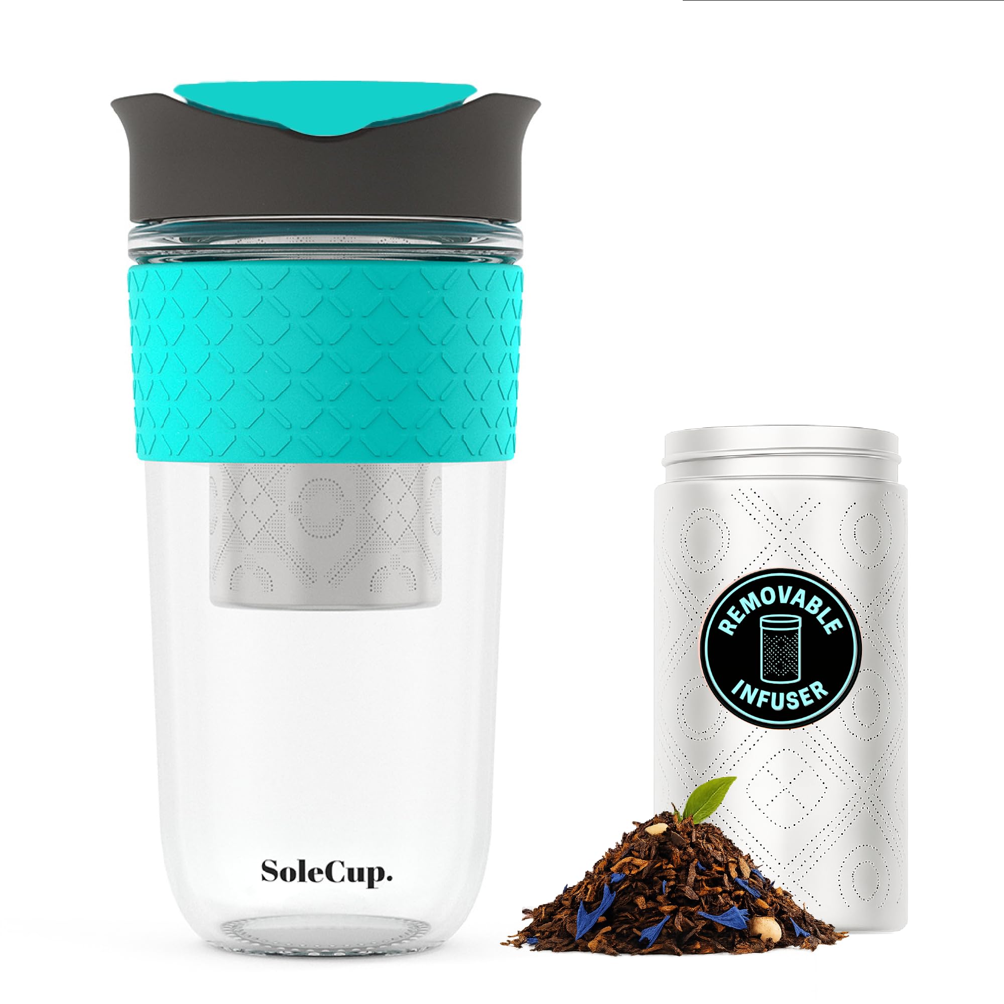 SoleCup. Large Travel Mug Loose Tea Infuser - Detachable Tea Strainer with Spill Proof Lid - 18oz/530ml BPA-Free Reusable Glass Travel Coffee Cup with Silicone Band (Grey and Blue, 530ml / 18oz)