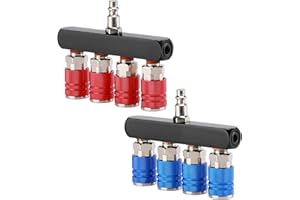 AIRTOON 2PCS 4-Way Straight Air Manifold Splitter, Line Type Air Compressor Splitter with 4 Couplers and 1/4" MNPT Plug,1/4 I