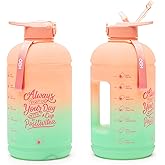 H2O Capsule INSPO Gallon Water Bottle with Time Marker and Straw Motivational Hydration Tracker Jug Big BPA-Free Food-Safe Leakproof Drinking Bottle with Handle & Strap, Lotus Blossom