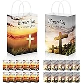 Geyoga 50 Pcs Spanish Church Welcome Bags 5.9 x 3.15 x 8.27 Inch Bienvenidos a Nuestra Iglesia Landscape Religious Gift Bags with Handles for Church Visitors Christian Guest Gifts Baptism Party