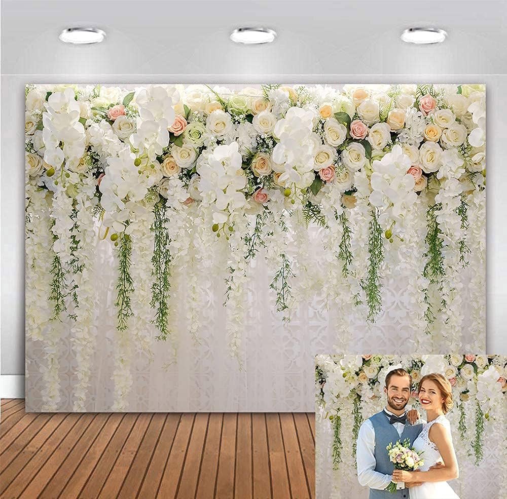 BUTEN White Flower Backdrop Curtain Bridal Shower Wedding Background Rose Floral Photography Backdrop for reception Baby shower Decoration Supplies