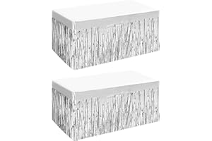 LABZHANG 2 Pack 29.5x72 Inch Metallic Foil Fringe Tinsel Table Skirts Tinsel Backdrop Curtains for Rectangle Tables Parade Floats Mardi Gras Party(Silver)