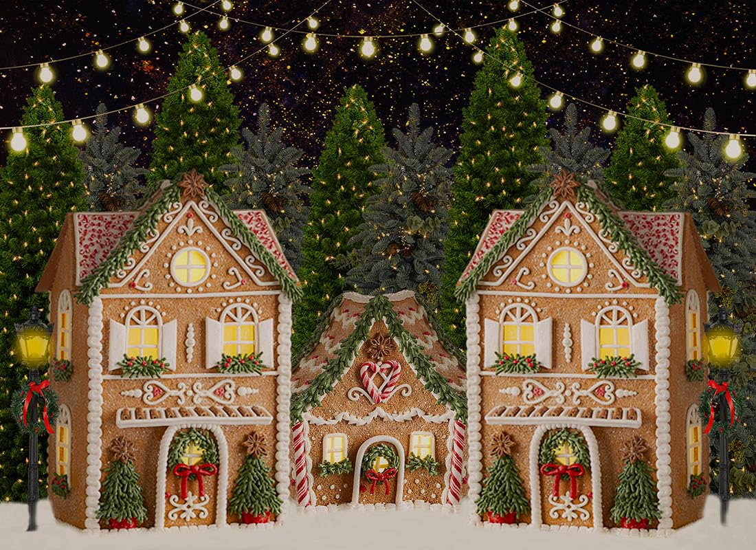Haosphoto Gingerbread House Backdrop for Photography 7X5FT Merry Christmas Town Backdrops Pine Tree Heavy Snow Winter Wonderland Xmas Background for Happy New Year Photo Studio Props Vinyl HS1048