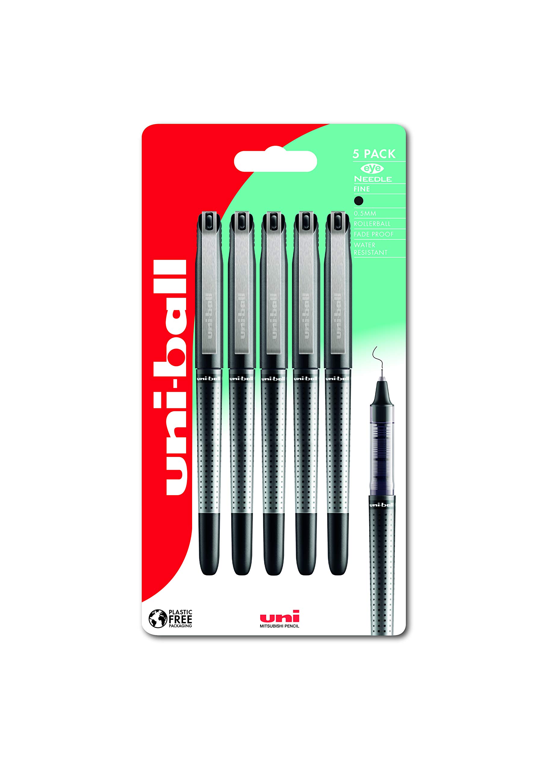 Uni-Ball Eye UB-185S Needle Black Rollerball Pens. Micro 0.5mm Ballpoint Tip for Super Smooth Writing, Drawing, Art, Crafts and Colouring. Fade and Water Resistant Liquid Uni Super Ink. 5 Pack