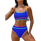 popvil Women's High Waisted Bikini Sets Neon Two Piece 2026 Swimsuit Sporty Adjustable Straps Bathing Suit