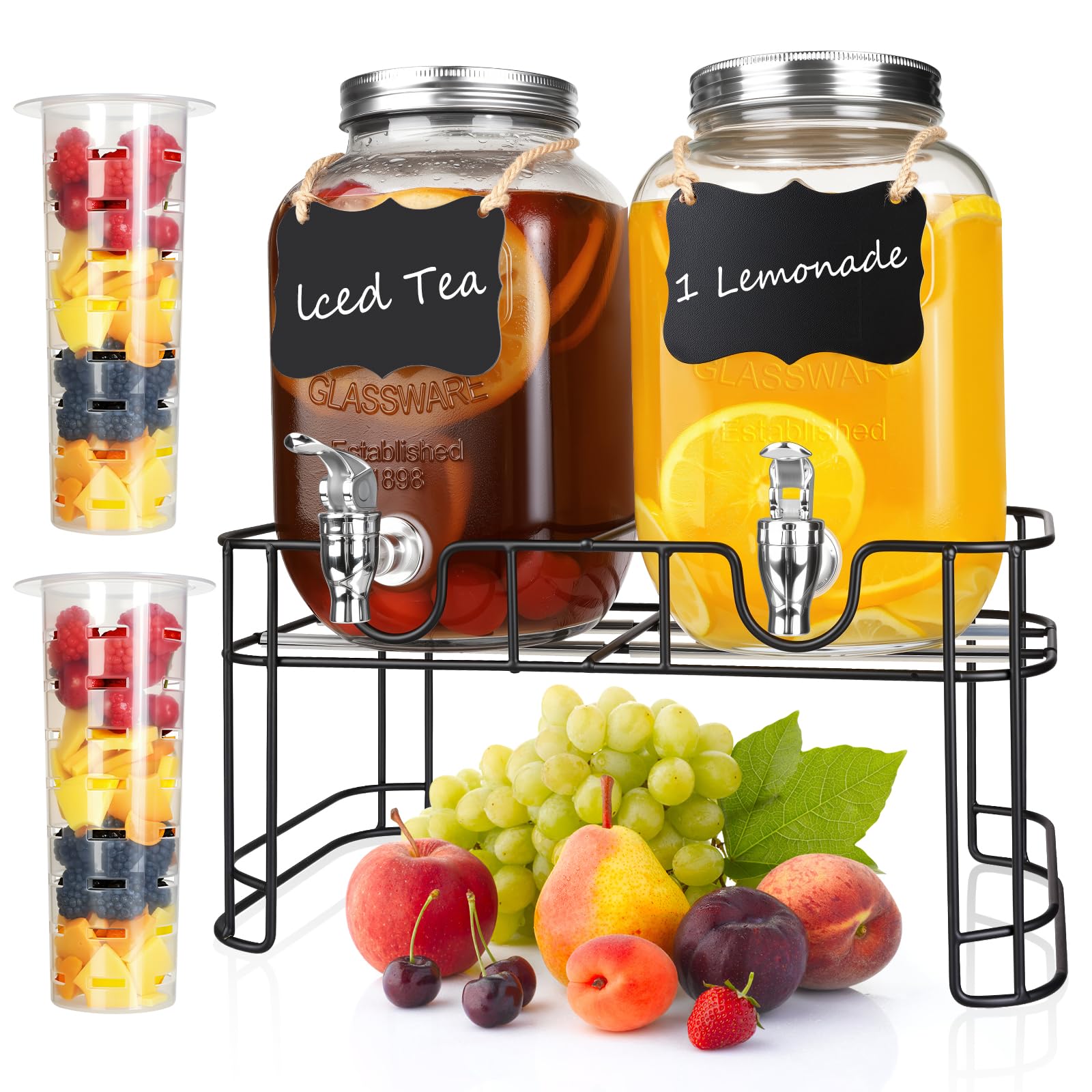 Photo 1 of 1 Gallon Glass Beverage Dispenser Jars, Ice Juice Dispenser with Leak Proof Faucet and Metal Stand for Parties & Wedding (2 Pack Jars?