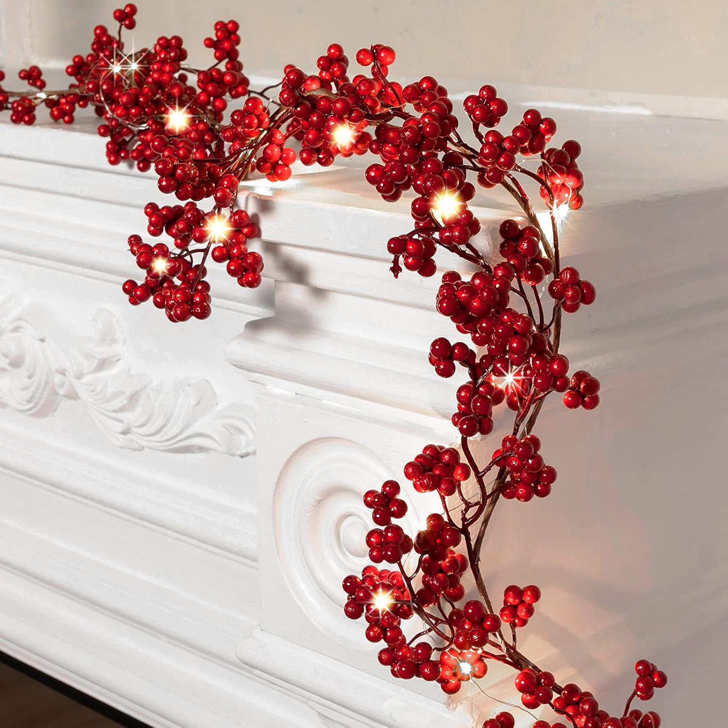 Wreaths, Garlands & Swags - Berry String Christmas Garland Lighted Berry Indoor Artificial Garland Fall Christmas Winter Valentine's Day Decor Light Garland for Holiday Fireplace Mantel Table, 6 ft (1 Piece,)