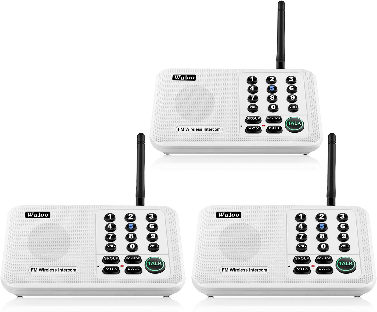 Wuloo Intercoms Wireless for Home 5280 Feet Range 10 Channel 3 Code, Wireless Intercom System for Home House Business Office, Room to Room Intercom, Home Communication System (3 Packs, White)