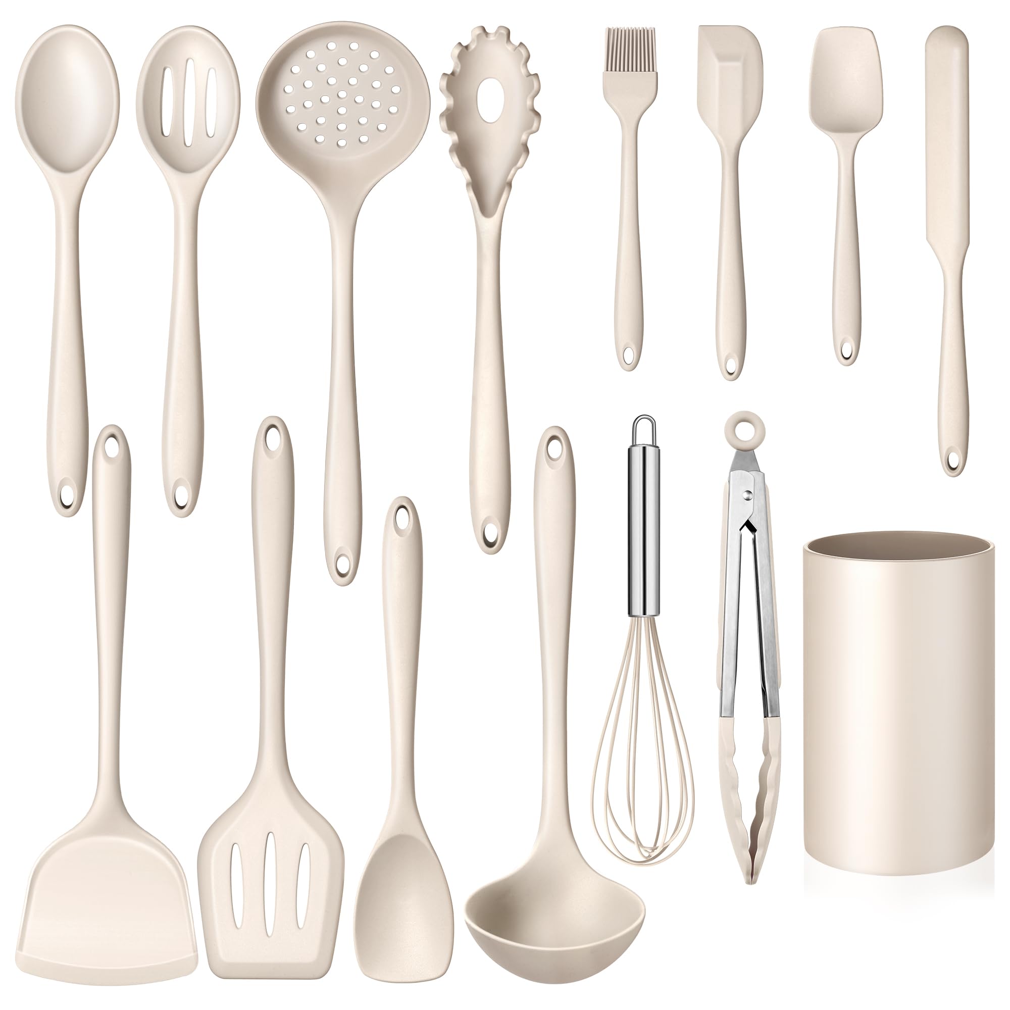 Photo 1 of 15-Piece Kitchen Cooking Utensils Set with Holder, Homikit Heat Resistant Food Grade Silicone Kitchen Utensils include Slotted Spatula Ladle Turner for Nonstick Cookware, Dishwasher Safe- Khaki