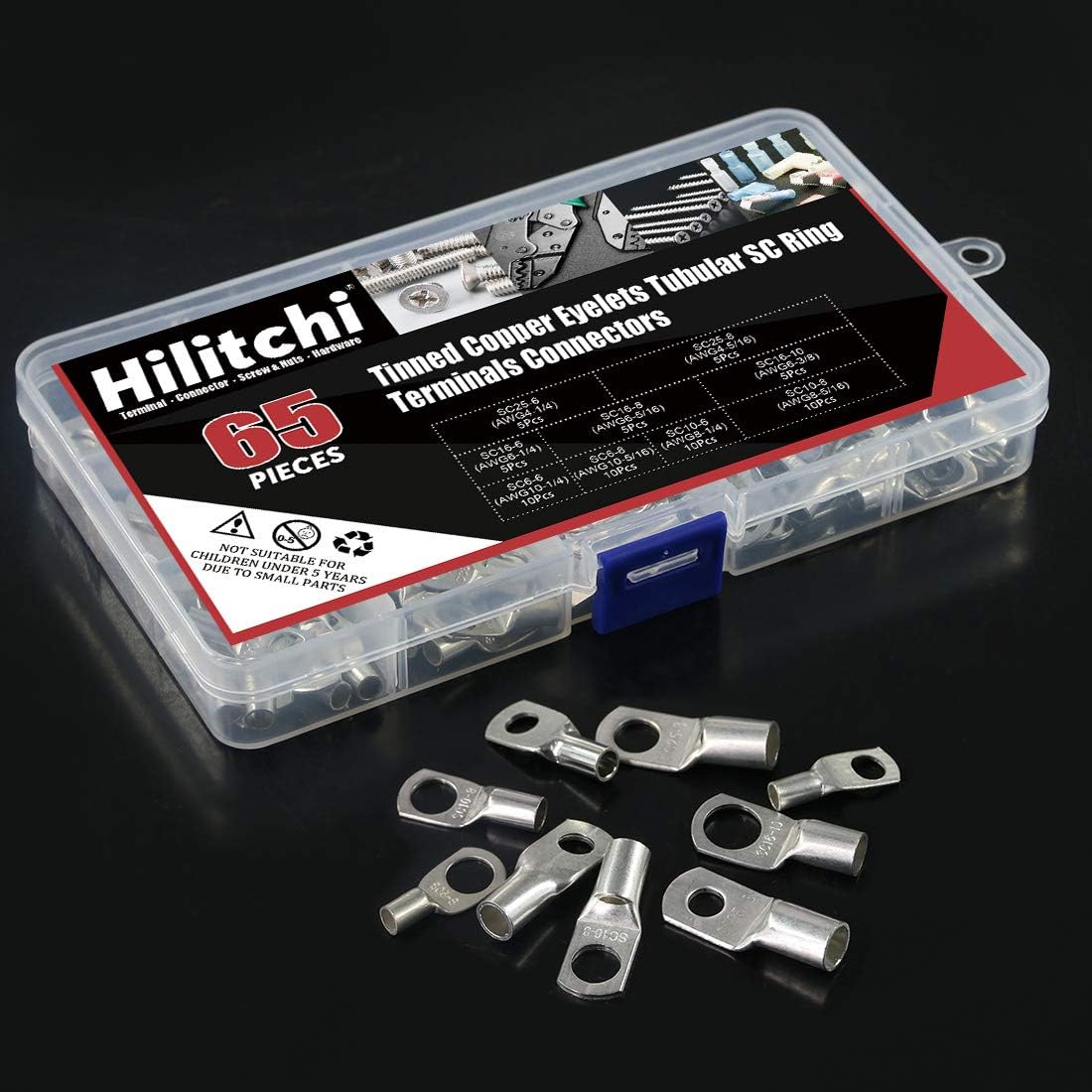 Hilitchi 65 Pcs UL Listed Heavy Duty Wire Lugs Battery Cable Ends Eyelets Tubular Ring Terminal Connectors (AWG4, AWG6, AWG10) : Sports & Outdoors