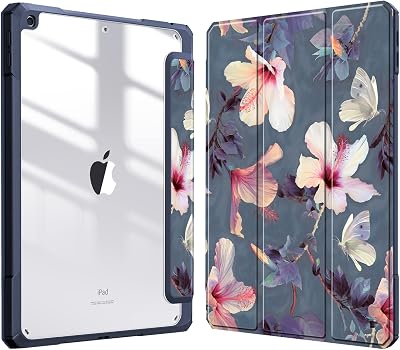 FINTIE Hybrid Case for iPad 10.2 9th/8th/7th Gen Hibiscus Clear Back