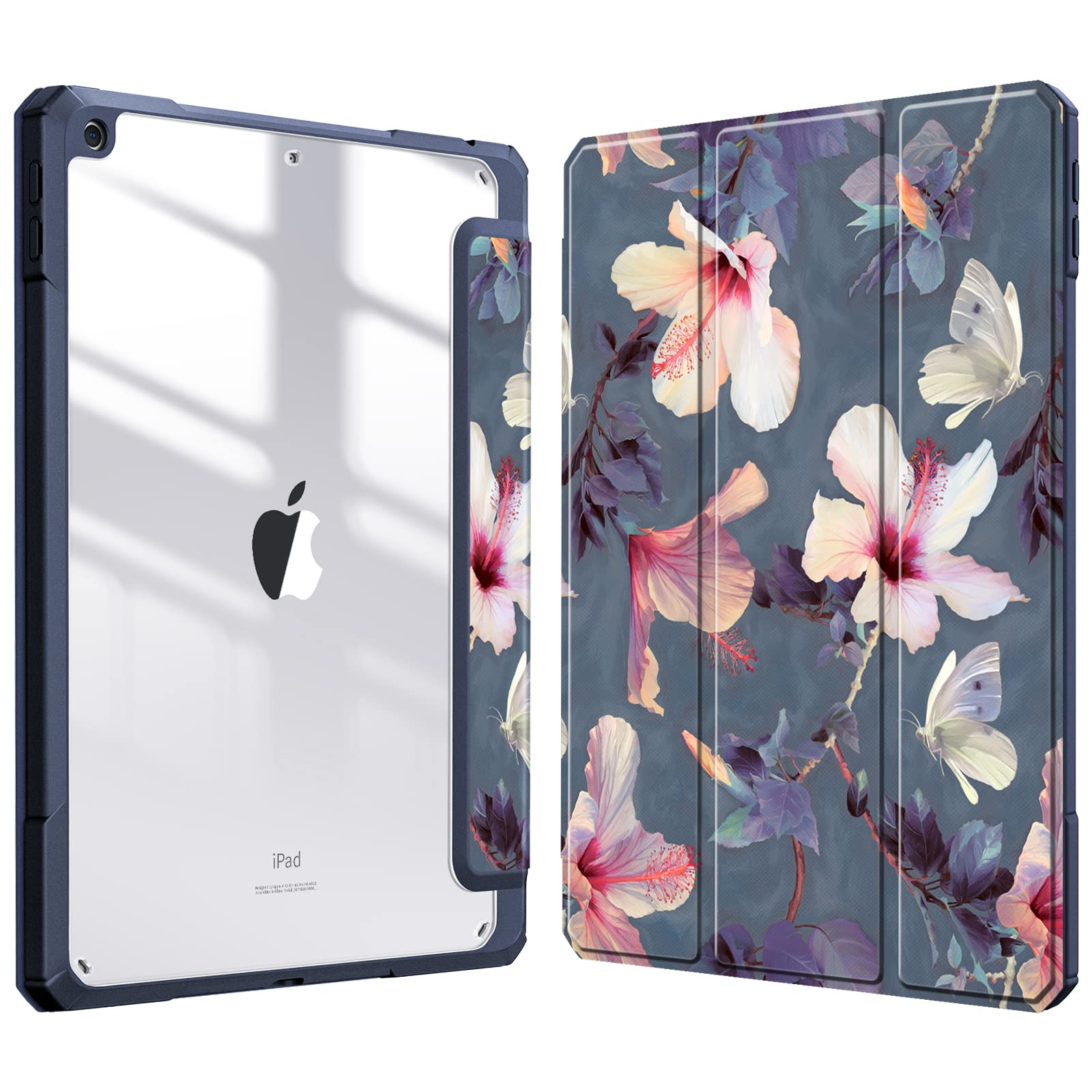 FINTIE Hybrid Case Compatible with iPad 9th / 8th / 7th Generation (2021/2020/2019) 10.2 inch - Shockproof Cover with Clear Back Shell w/Pencil Holder, Auto Wake/Sleep, Hibiscus