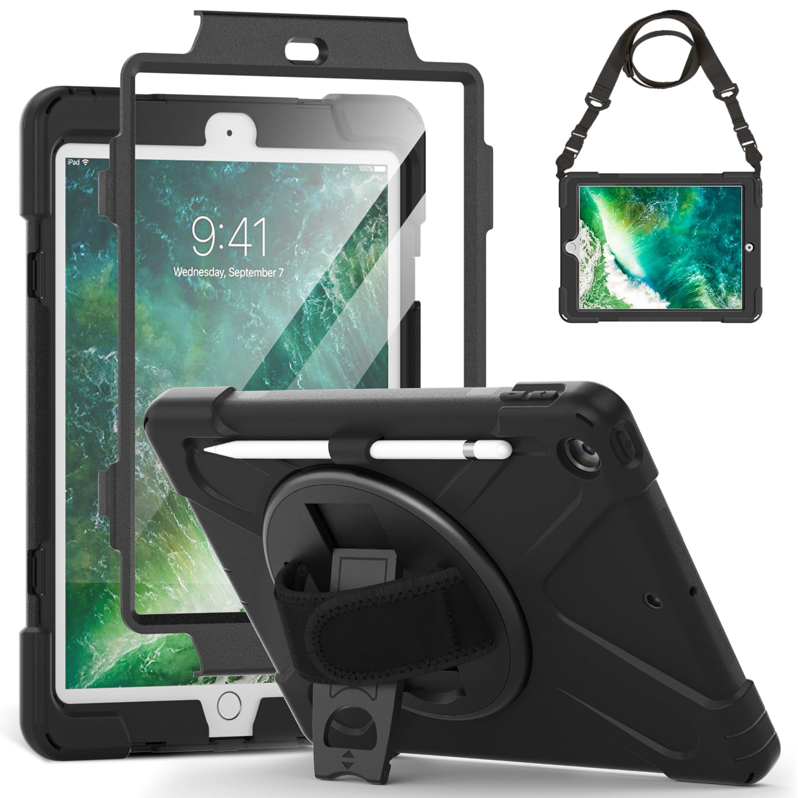 Gerutek for iPad 6th/5th Generation Case With Screen Protector 9.7 inch 2018/2017, Shockproof Protective Case with [360° Rotating Stand][Hand & Shoulder Strap][Pencil Holder] Case for iPad 6th/5th Gen