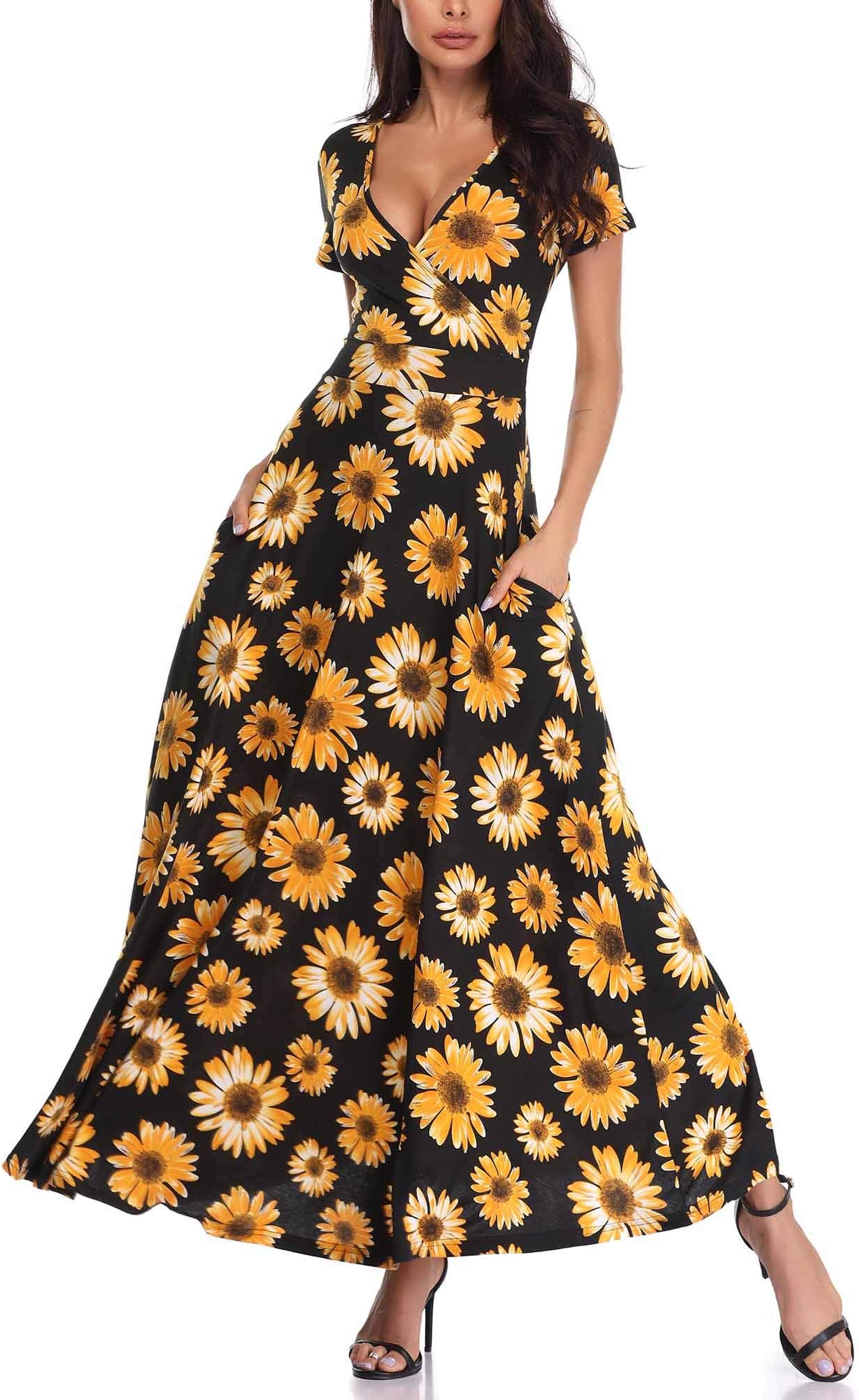 Women's Short Sleeve Wrap V Neck Dresses for Wedding Guest Summer Floral Maxi Sundresses with Pockets