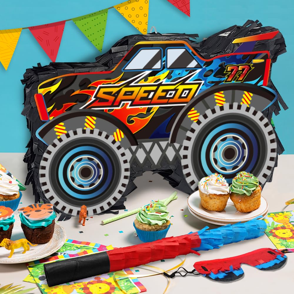 Monster Truck Pinata Car with Stick and Blindfold for Boys' Birthday Party Decoration