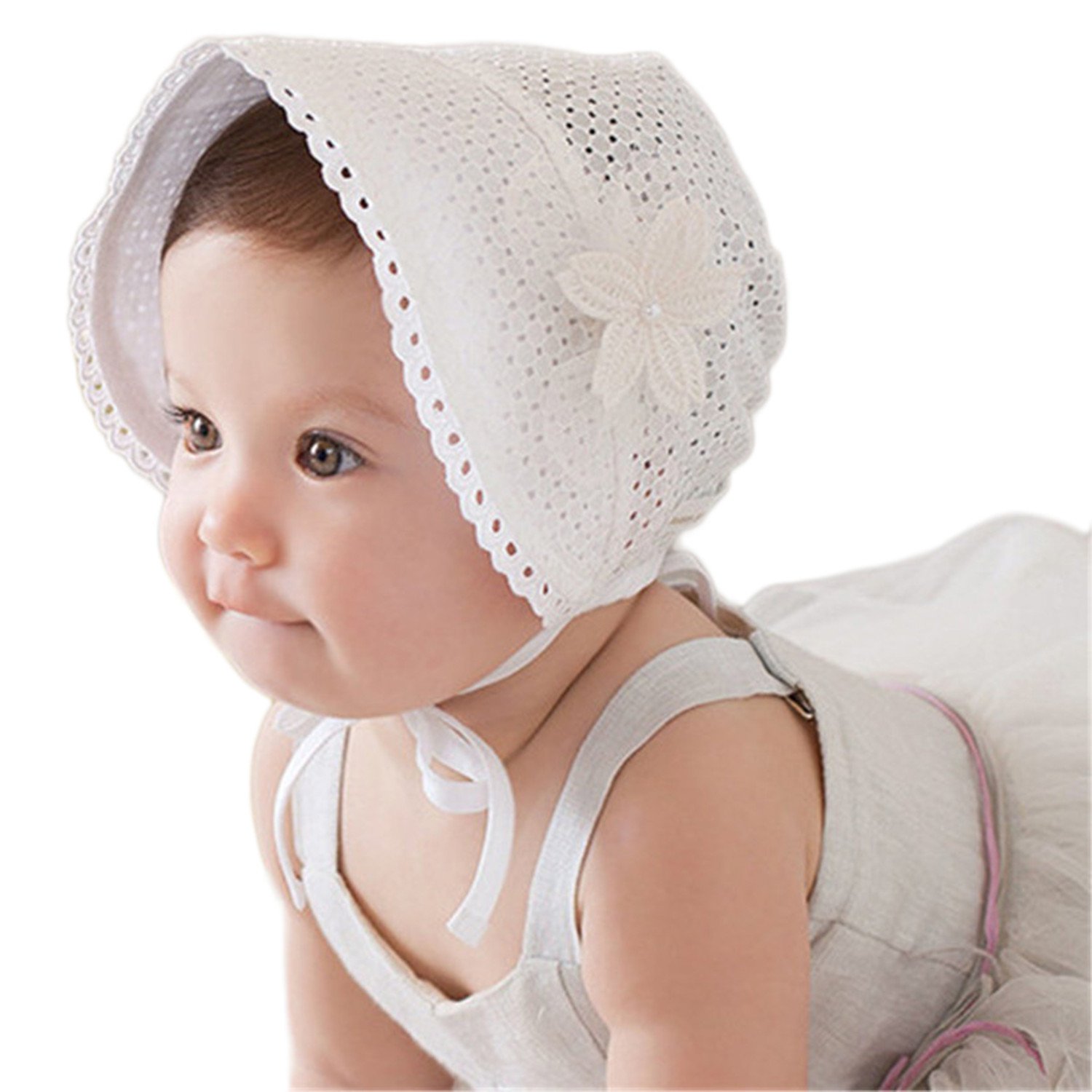 Baby Girl Princess Hat Hollow Out Flower Bonnet Summer Sun Hat (White)